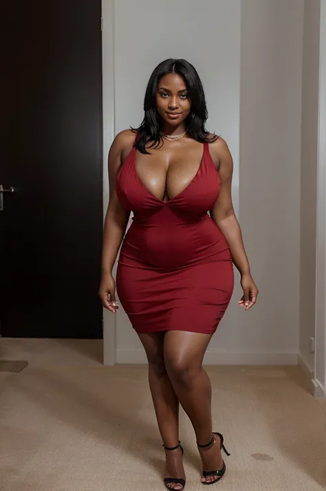 A black-skinned woman, with huge breasts, with black hair and crystal blue eyes. Her figure is curvy, with a narrow waist and pronounced hips. Her features are delicate and soft., with a charming smile. with a red Carolina Herrera dress and heels posing ve...