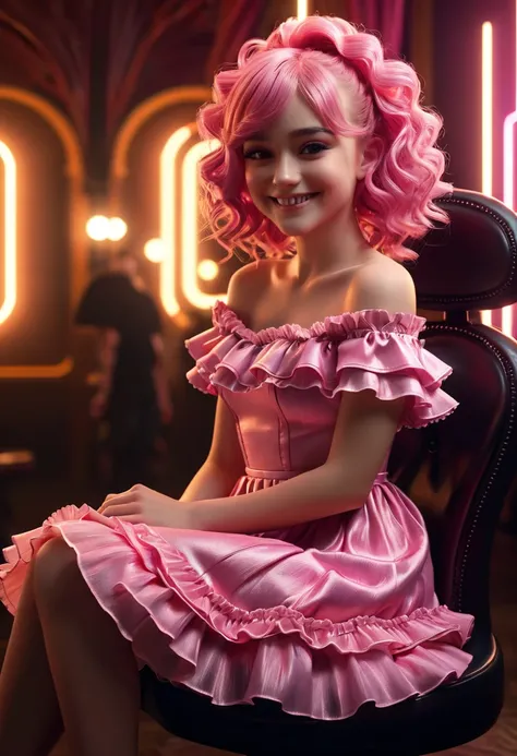 highly detailed, 8k, masterpiece, One girl, pink frills_hair_tube, dress, bend_thats all , Grin, (perfection_face), Sitting, machine, Brilliant, Complex, Dramatic lighting, 4K, detailed_background, Caustics, full_body, (Surreal:1.3), bloom,(Beautiful light...