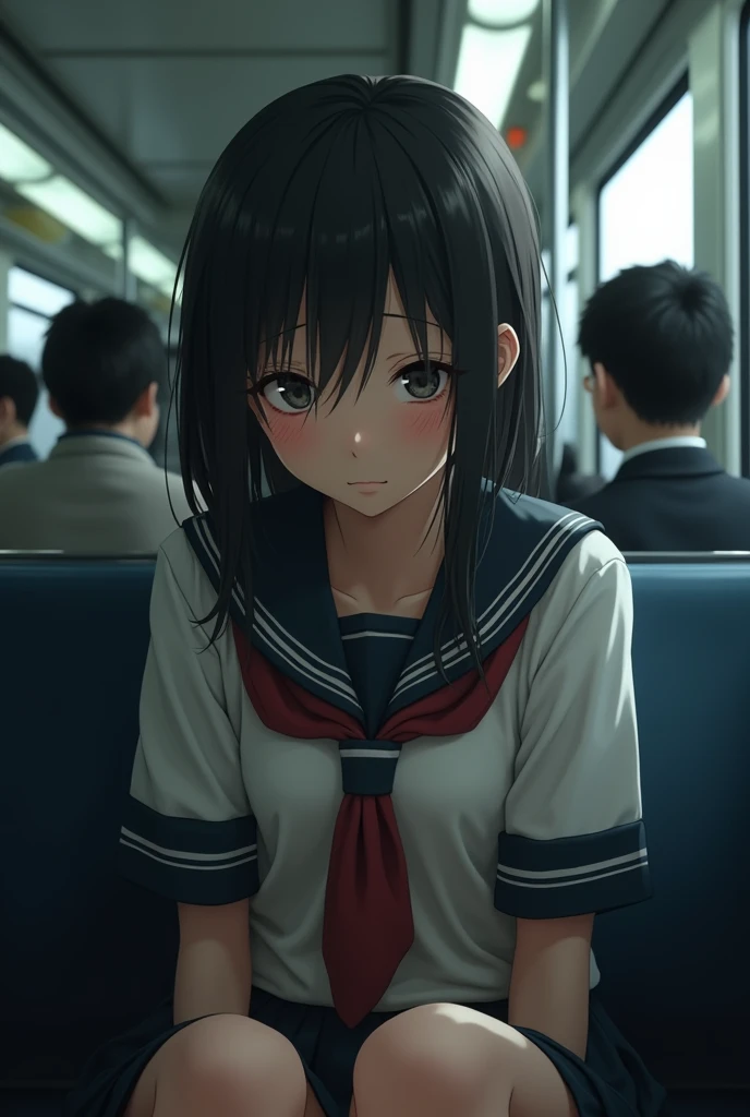 (photorealism:1.2), Japanese sexy student tired and disheveled on public transport