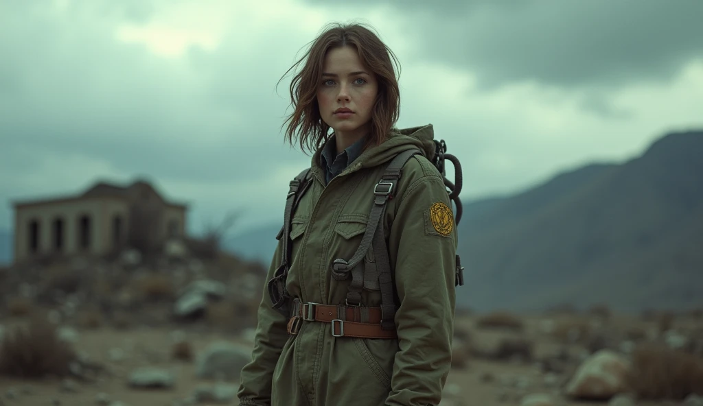 wasteland, Fallout, 1 girl, Vault Dweller, Vault jumpsuit, Brown hair, layered bob haircut, grey eyes, whole body, from below, cinematic angle, Looking down, I look at the viewer, cloudy sky, overcast, depth of field, blurred background, cinematic, cinemat...