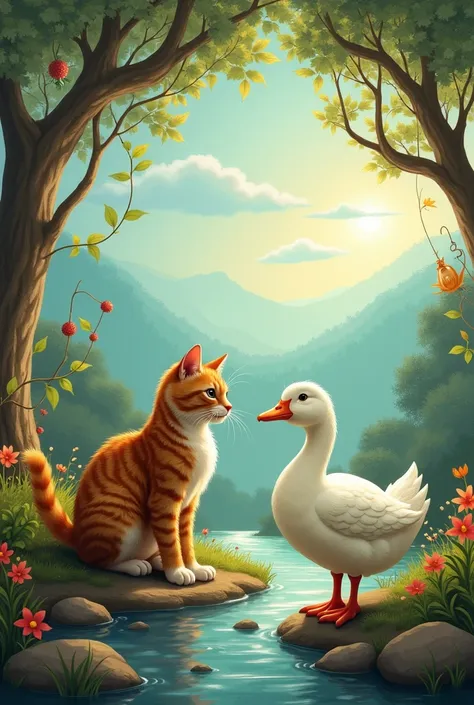 Cat and duck in a fable story