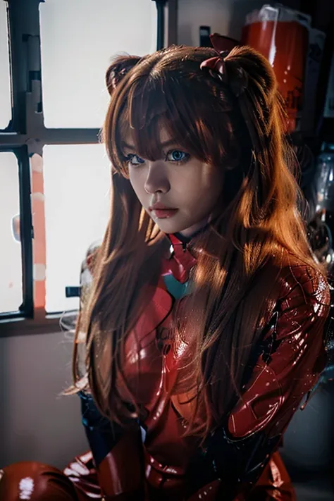 (Best Quality), High resolution, Asuka Langley soryu, Beautiful pretty mixed german babe, ((beautiful face)), sexy lips, Gingers Twin Tails Headband Long Hair, intense look, beautiful detailed dark blue eyes, Combines realism and anime influence., full red...