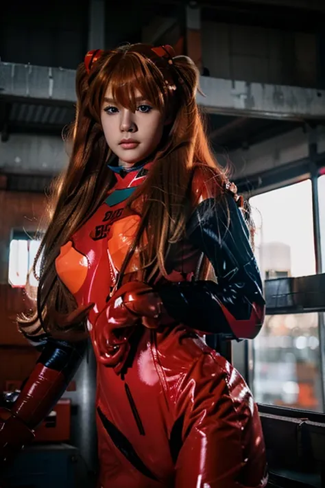 (Best Quality), High resolution, Asuka Langley soryu, Beautiful pretty mixed german babe, ((beautiful face)), sexy lips, Gingers Twin Tails Headband Long Hair, intense look, beautiful detailed dark blue eyes, Combines realism and anime influence., full red...