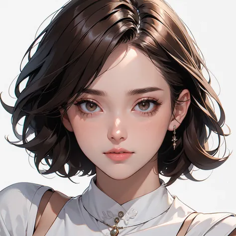 (((white background))), best quality, solo, 1 woman,portrate,ninjya,bangs,looking at viewer,short hair,brown hair,pretty woman,masterpiece, intricate details, tonemapping, sharp focus, hyper detailed, trending on Artstation,