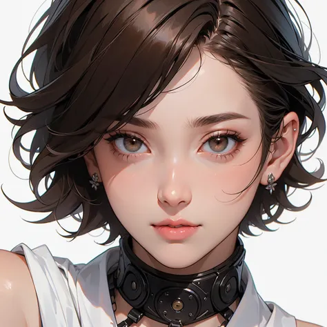 (((white background))), best quality, solo, 1 woman,portrate,ninjya,bangs,looking at viewer,short hair,brown hair,pretty woman,masterpiece, intricate details, tonemapping, sharp focus, hyper detailed, trending on Artstation,