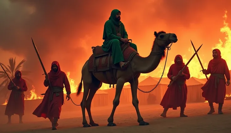 A men wear green hijab sitting  camel,
both hand are tied by iron rope,
Neck are toed by iron rope,
Hand rope join with feet rope
Burning tents,
Burning date tress,
Some men wear red battle suit with sword,
No modern weopan,weaopan around bc,
Bloody sky
