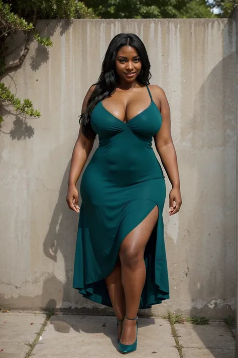 A black-skinned woman, with huge breasts, with black hair and crystal blue eyes. Her figure is curvy, with a narrow waist and pronounced hips. Her features are delicate and soft., with a charming smile. with a green dress and red heels posing very sexy