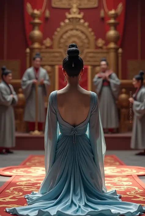 In ancient China, the Tang Dynasty, a woman wearing a light blue dress made of shiny, silky fabric kneeled in front of a throne to receive her title in front of the officials in a palace hall.