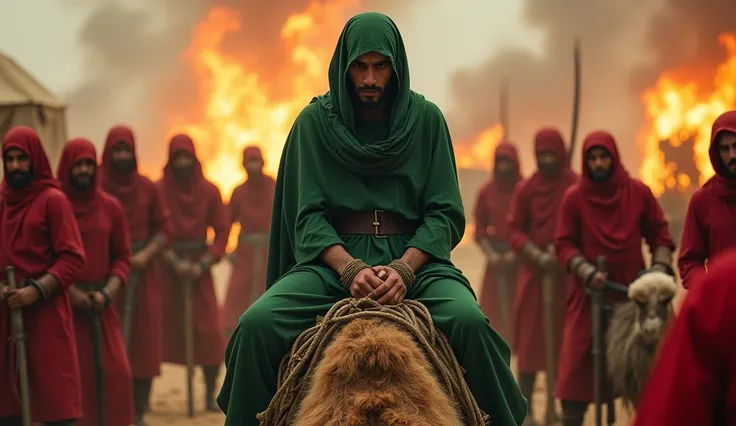 A men wear green hijab sitting  camel,
both hand are tied by iron rope,
Neck are toed by iron rope,
Hand rope join with feet rope
Burning tents,
Burning date tress,
8 men wear red battle suit with sword,
No modern weopan,weaopan around bc,
Bloody sky
