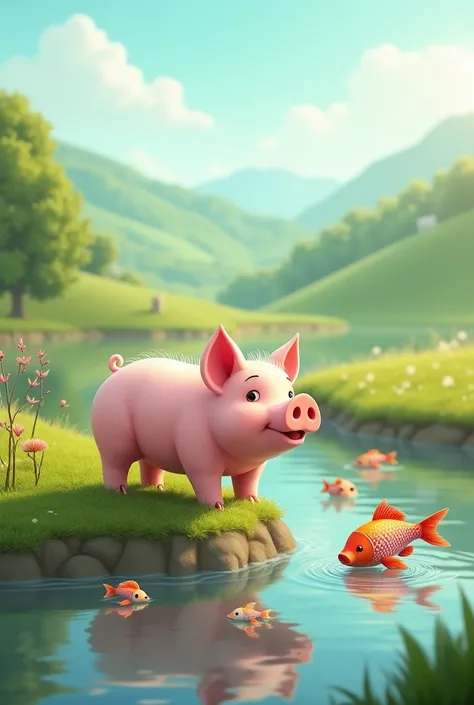 Pig on a land and fish