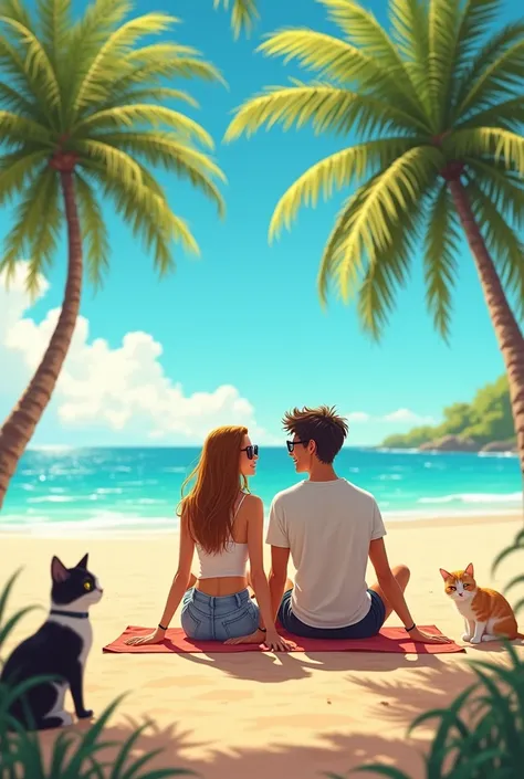 on a sunny beach, one next to her boyfriend and two cats