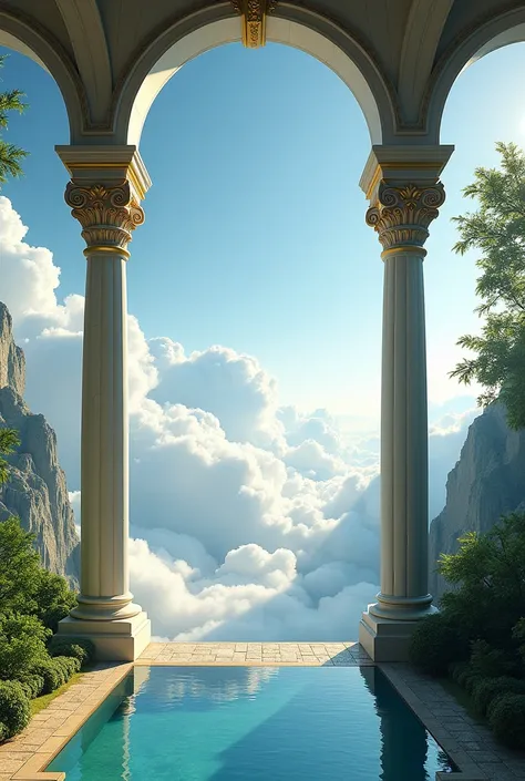 Mansion in heaven with view of clouds and lake with some greenery from inside of mansion and some pillars of mansion in the view the view should be divided in three different Photos and there should be pillars in all photos