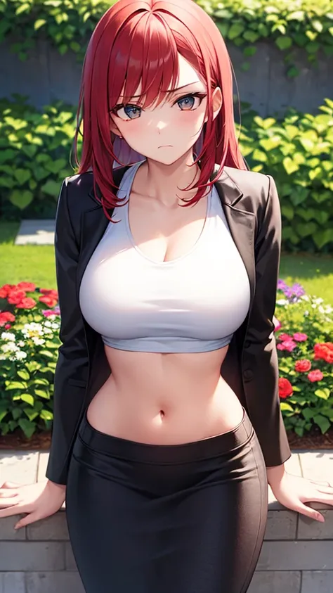 masterpiece, best quality, high detail, beautiful woman, bright red hair, large bust, ((white tank top and black blazer)), black midi pencil skirt, long black skirt:1.3, midriff, upper body, hips, hip bones, boots, looking at viewer, awkward, frown, garden...