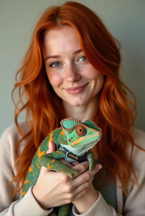 redhead woman holding a chameleon,with the collar written mandy,Actual image 