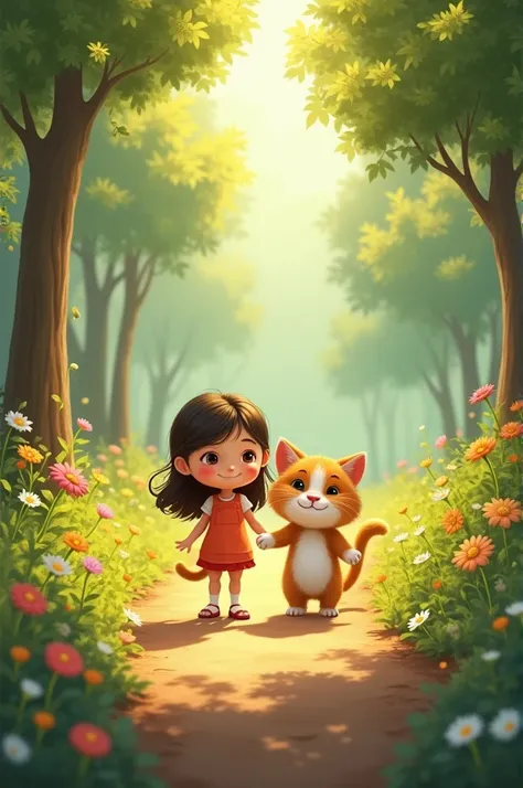 Lily and Mr. Whiskers walking side by side in the forest, looking happy together. The forest path is bright, with light streaming through the trees. They are surrounded by the beauty of nature.