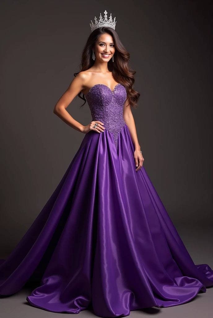 Create a full body shoot of Miss Universe Indonesia with her crown in purple gown