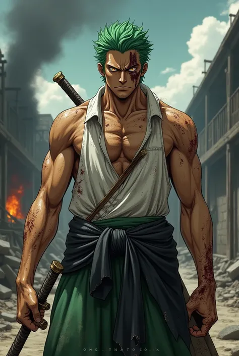 A hyper-realistic depiction of Roronoa Zoro from One Piece as a human. He has short, tousled green hair and a rugged, chiseled face with a deep scar running diagonally across his left eye. His skin is tanned and rough, marked by battle scars and grime. His...