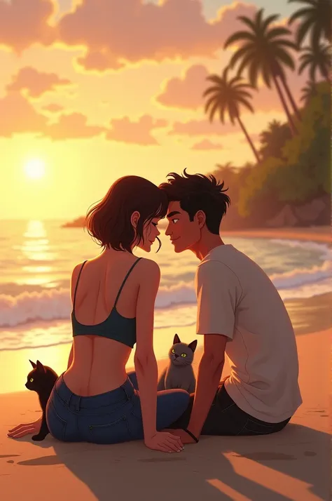 at sunset there was a beach, a brunette Brazilian woman and her brunette boyfriend with two cats, one black and one gray