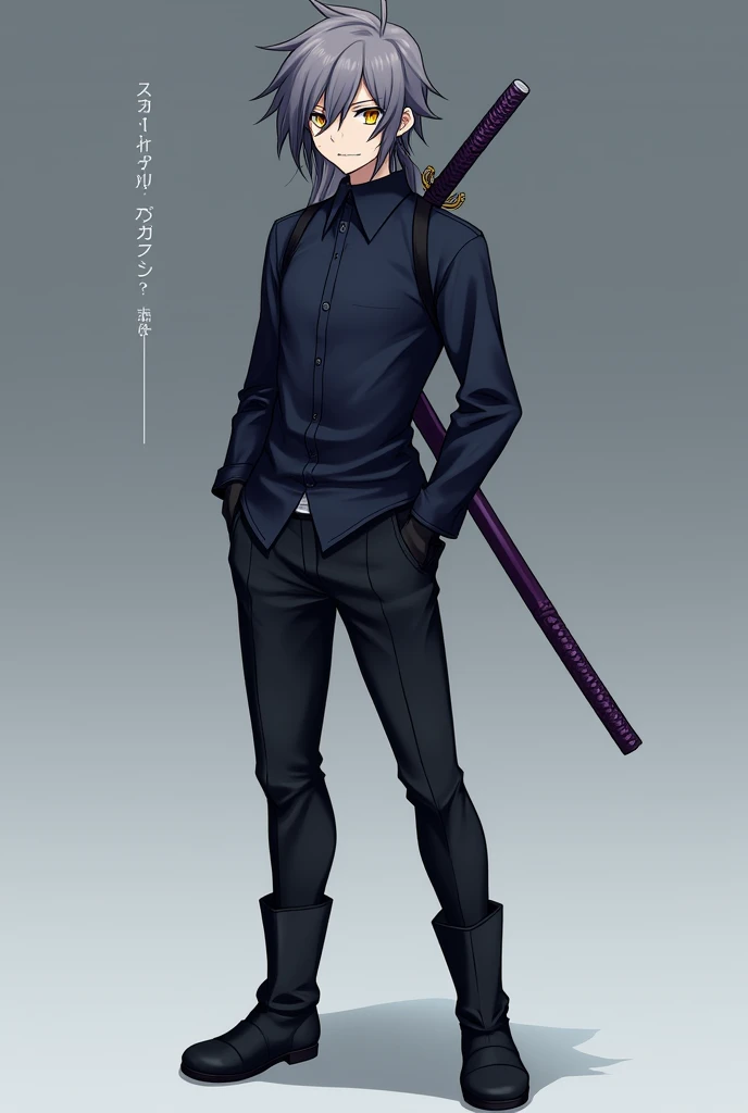 A male anime-style character with long, short hair covering the left side of his eye a little and with a slightly large ponytail., with big yellow eyes, with black cold weather blouse with dark blue shirt, black pants and black men&#39;s boots, with black ...