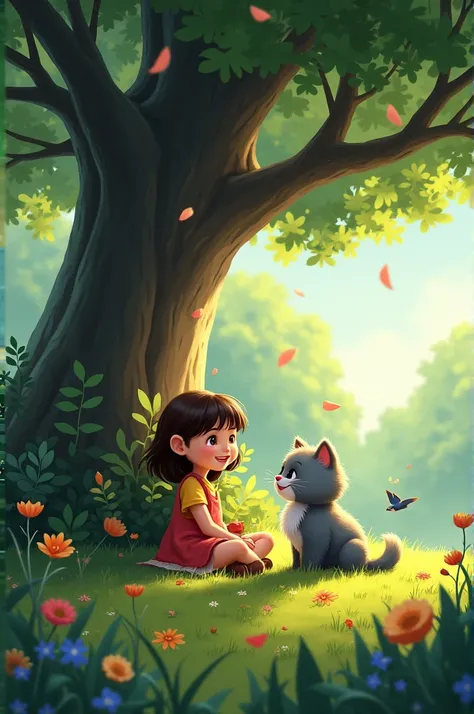 Lily and Mr. Whiskers sitting under a large tree, laughing and sharing secrets. The forest around them is vibrant and full of life, with birds and flowers creating a magical atmosphere.