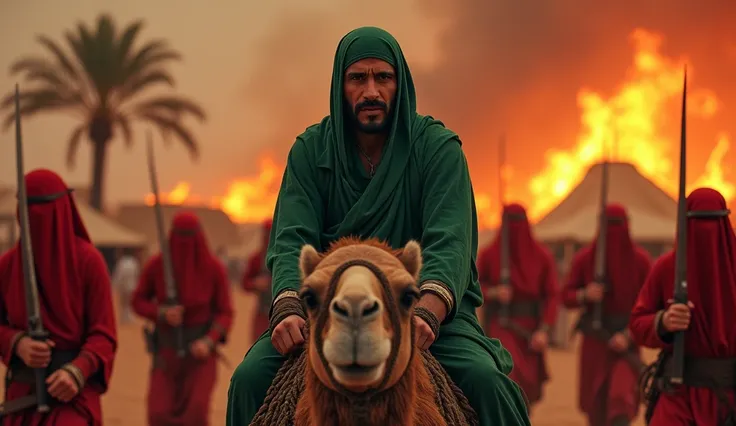 A men wear green hijab sitting  camel,
both hand are tied by iron rope in back side,
Neck are tied by iron rope,
Burning tents,
Burning date tress,
8 men wear red battle suit with sword,
No modern weopan,weaopan around bc,
Bloody sky
