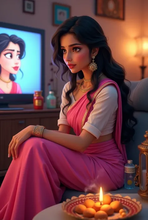 Mia khalifa face kartina kaif lips deepika height sai pallavi hair wearing pink saree and white blouse watching cartoon on tv pakode in plate and water bottle pooja thali on teble