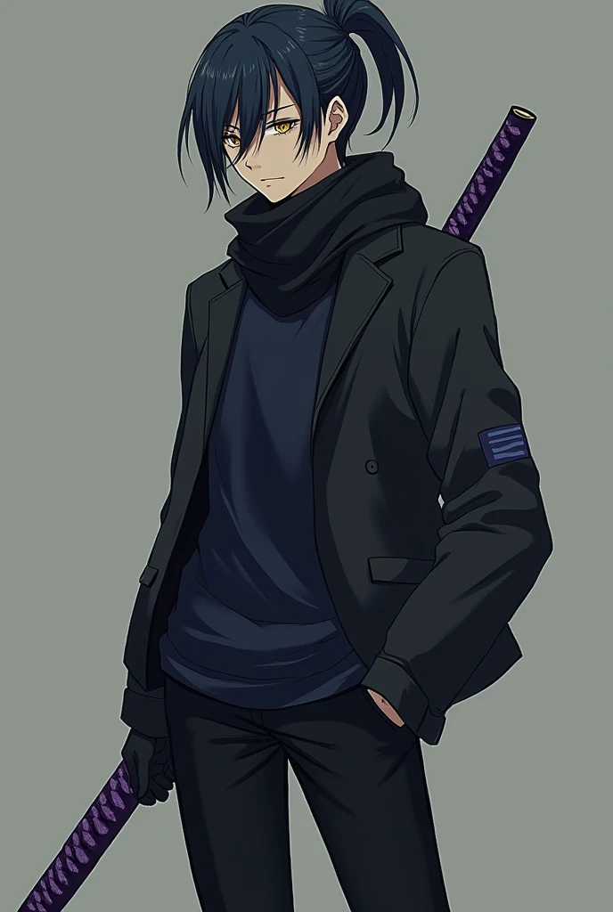 An anime-style male character with an old face, long, short hair covering the left side of his eye a little and with a slightly large ponytail., with big yellow eyes, with black cold weather blouse with dark blue shirt, black pants and black men&#39;s boot...