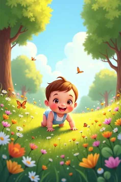 :
"A curious little baby, Emma, crawling through a sunny meadow, surrounded by vibrant flowers and towering trees."

Image prompt: A colorful illustration of Emma crawling, with a big smile on her face, amidst a lush meadow landscape.