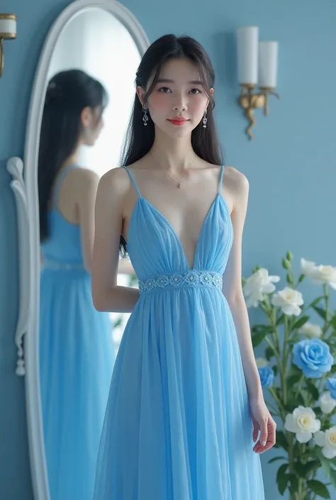 a close up of a asian girl in a blue dress standing in front of a mirror, trending on cgstation, duy beni serial, dang my linh, banner, with a thin waist, trending at cgstation, banner, flower garden behind models, blue flowers, light blue background, beau...