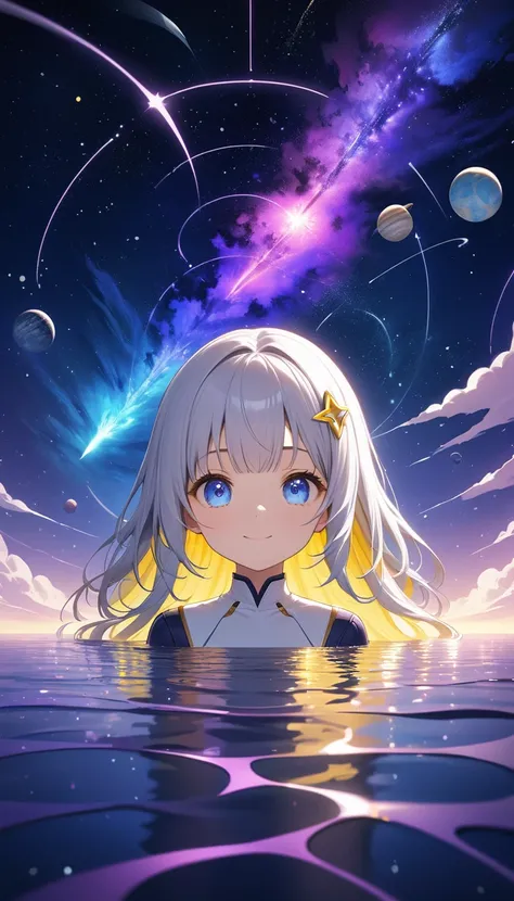 standing in front of a lake with Create a full background with a space theme, primarily in purple and white colors. The background should feature glowing stars, constellations, and comets scattered across the sky. Include a large, ringed planet in the lowe...