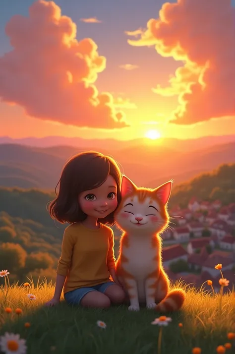 Lily and Mr. Whiskers sitting together on a hill at sunset, watching the sky turn orange and pink. They are smiling, content and happy, with the peaceful village visible in the distance. The scene is warm and serene, capturing the joy of their friendship.