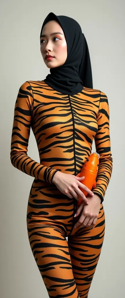 The most beautiful,most slender thin and most clever malaysian muslimah adult feamle person with beautiful cheeks wears tiger print lycra turtleneck unitard catsuit covered with stripes and always wearing tiger print lycra elastane stretchy dancewear hijab...