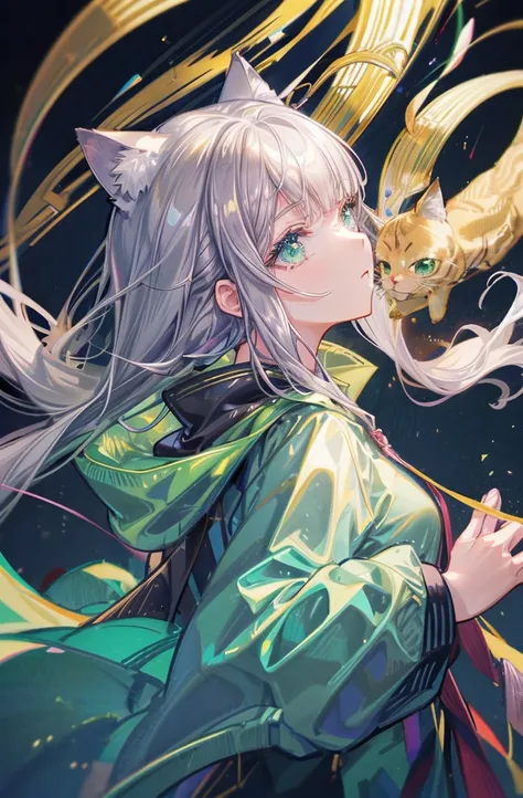 1 girl in、Eyes swaying anxiously、profile、Prone to the right、Eyelids lowered、Gray hair、Longhaire、Green eyes、On the sides of the head are attached a golden cat-shaped kanzashi