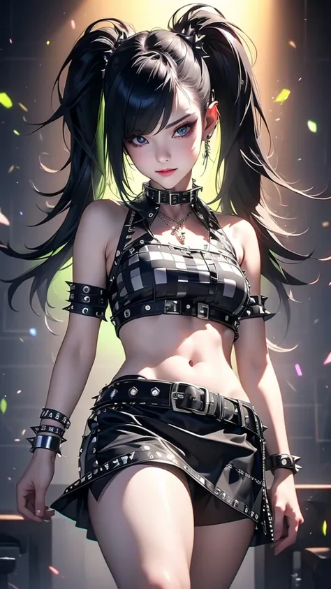 liquid ink sumi drawing, poison green color scheme, acid noir neon punk, 1girl, belt, spikes, skirt, solo, collar, shirt, long hair, studded belt, checkered, crop top, jewelry, twintails, belly, checkered skirt, necklace, studded collar, t-shirt, studded c...