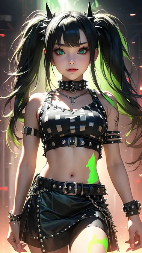 liquid ink sumi drawing, poison green color scheme, acid noir neon punk, 1girl, belt, spikes, skirt, solo, collar, shirt, long hair, studded belt, checkered, crop top, jewelry, twintails, belly, checkered skirt, necklace, studded collar, t-shirt, studded c...