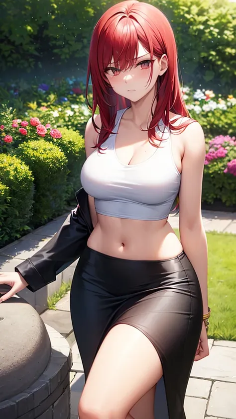 masterpiece, best quality, high detail, beautiful woman, bright red hair, large bust, ((white tank top and black blazer)), black midi pencil skirt, long black skirt:1.3, midriff, upper body, hips, hip bones, boots, looking at viewer, awkward, frown, garden...