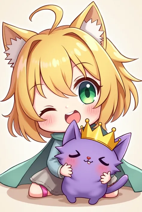 CHIBI BLONDE AUX YEUX VERT QUI FAIT UN CLIN D OEIL ET QUI PORTE DANS SES MAINS UNE PELUCHE D UN PETIT CHAT VIOLET AVEC DES SUPER POUVOIRS QUI AS SUR LA TETE UNE COURONNE DORE
