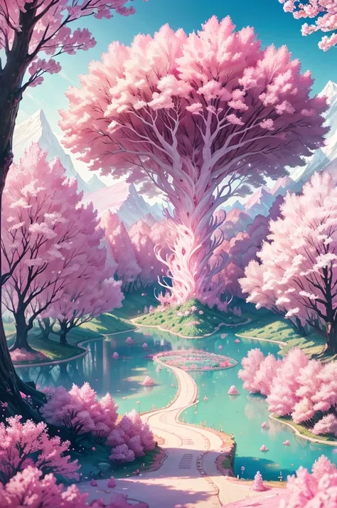 There is a road with lots of pink flowers in bloom., pink forest 속에, pink forest, cherry forest, color of dreams, pink landscape, Magical colors and atmosphere, pink tree, Cotton candy tree, dreamy scenery, Get lost in a dreamy fairytale landscape , beauti...