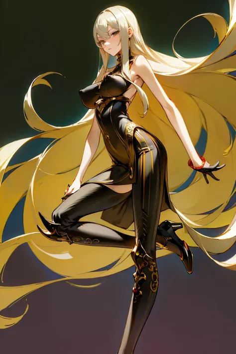 ((Highest quality)), ((masterpiece)), (Familiar), Lusamine,thin,thin,Long blonde hair,Small breasts,Erect nipples,Adult female,Green Eyes,Slanted Eyes,Sleeveless dress,Black Dress,Gold embroidery,White pants style,High heels,Fascinating
