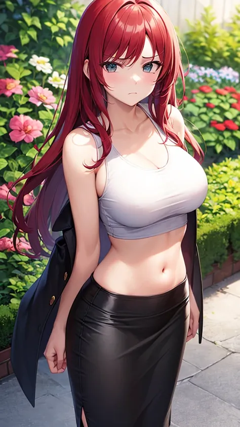 masterpiece, best quality, high detail, beautiful woman, bright red hair, large bust, ((white tank top and black blazer)), black midi pencil skirt, long black skirt:1.3, midriff, upper body, hips, hip bones, boots, looking at viewer, awkward, frown, garden...