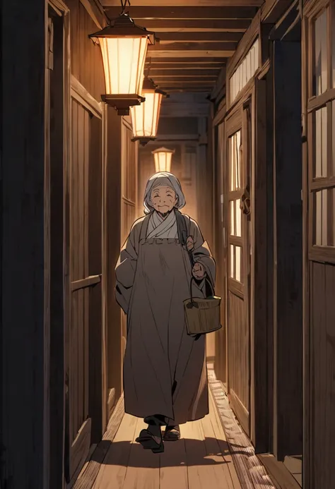 An old woman walks with a lantern along the corridor in a house at night.