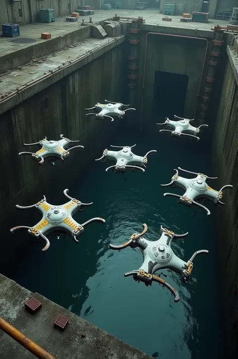 8 patrol flying drones flying around a sewer dock