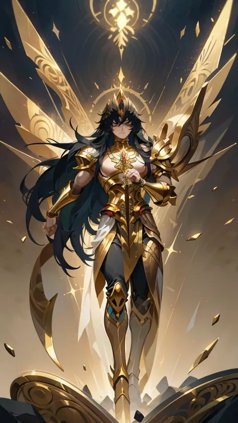 portret 4d anime saint seiya full body: about a young man with long black hair flowing in the wind, his body is muscular,  weari...