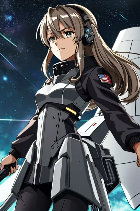 Highest quality，（Kantai Collection），（smug face），anger_expression（Starry Sky_background），Young Girl，Braid_hair型， ４K，alone, whole body，bridge，Headphones and microphone on head，Big rocket thruster on its back，Ninja，（Dark Silver_coat），black_pupil，Holding a mac...