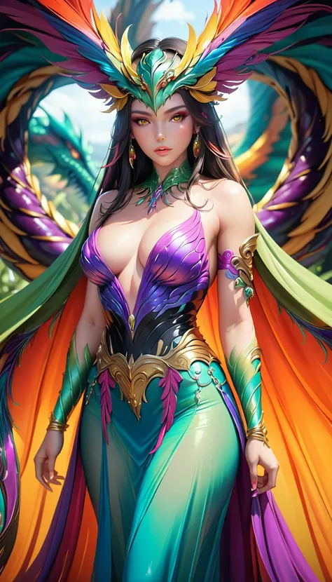 highly detailed, 8k CG wallpaper,Gorgeous digital art, masterpiece quality, photorealistic with vivid colors, shallow depth of field, glossy skin,(Monster woman:1.2),Fantasy, Chiffon dress,feather fabric,Soft cloth, Deep V