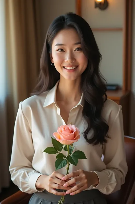 A beautiful 20 year old Asian girl wearing office clothes and smiling sweetly while holding a rose