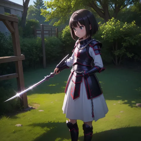 最high quality、high quality、Simple Cloth Armor、１０Year-old girl adventurer、Equipped with a weapon that has a short chain at the end of a stick and a spiked iron ball at the end of the chain、In a dark maze