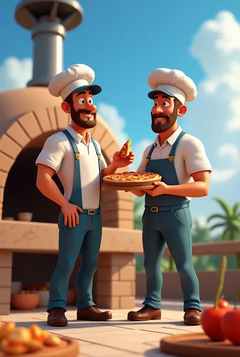 2 pizzaiolos gros, un plus petit que l’autre, devant un four a pizzas, beau ciel bleu, il tient une part de pizza dans la main face a la camera, calvitie 