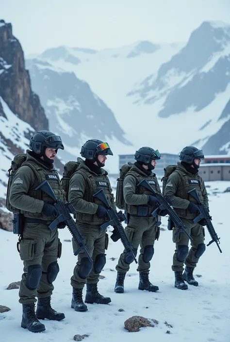 4 man wearing a sweat and helmet on a snowy mountain holding gun patrol  a prison