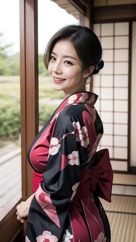 Mature attractive sexy woman,50 years old, ((kimono)),((green))、(((kimono))),Shut,((Big Breasts:1.1)),(Facial wrinkles:1.3),light makeup,Light brown hair,Long Hair,(Full body photo:0.85),(Emphasize big buttocks),8k, RAW Photos, Highest quality, Laughter,ma...